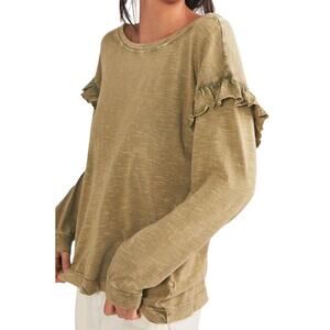 Anthropologie Pilcro Lightweight Green Ruffle Detail V Back Long Sleeve Tee